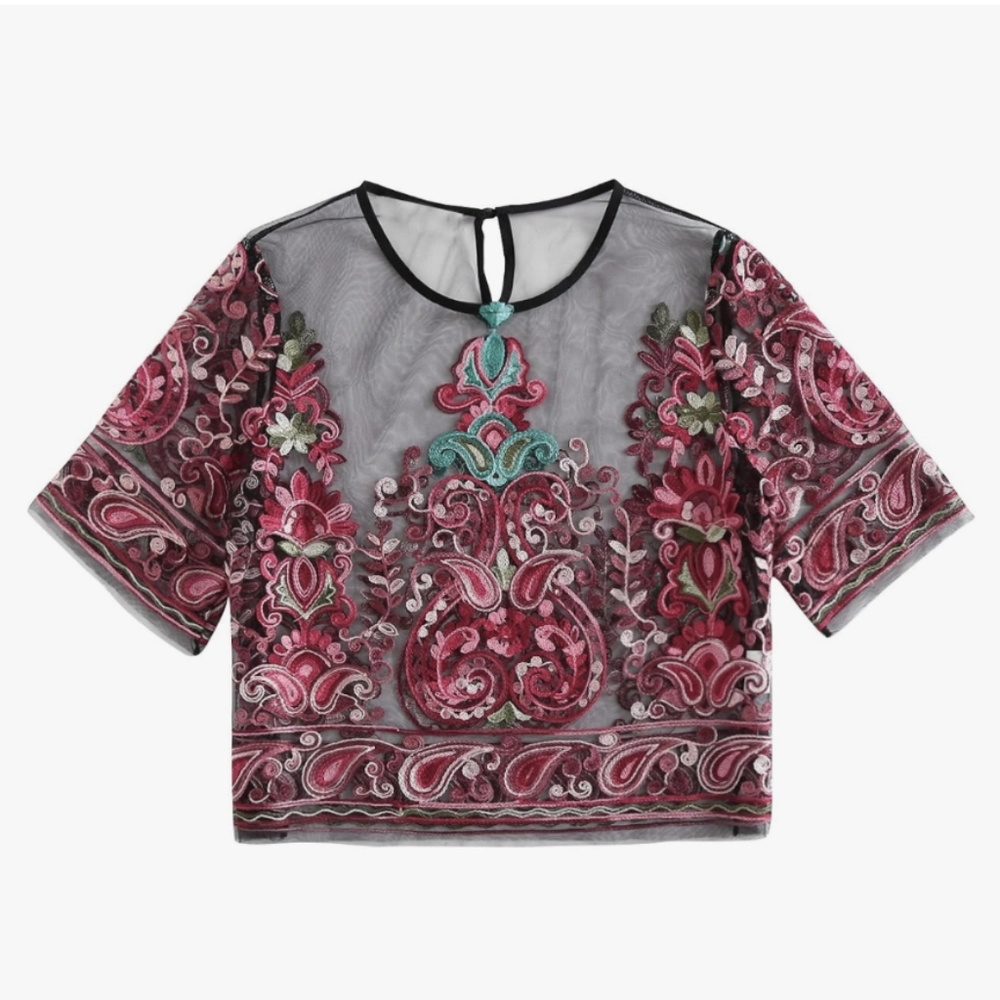 Make Me Chic Embroidered Mesh Top Black/Multi Color Size M